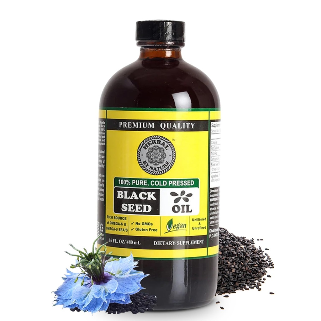 Pure Black Seed Oil - 100% Pure Nigella Sativa - Ψυχρό Πιέζεται - Vegan - Μη ΓΤΟ - 16 oz - σε Γυάλινο Μπουκάλι - Βότανο από τη Φύση