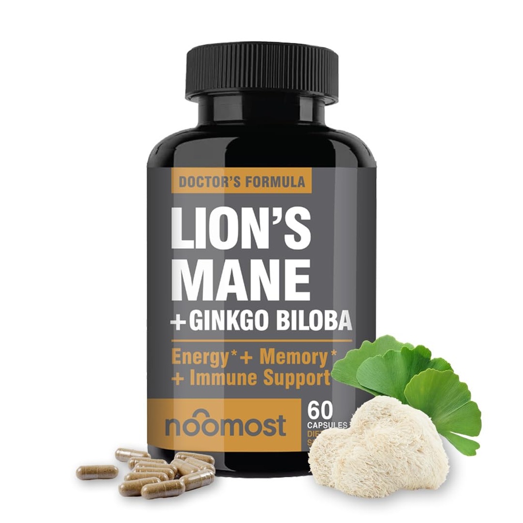 NooMost Lions Mane συμπλήρωμα οργανικές κάψουλες - με Ginkgo Biloba - Γνωστική Υγεία, Εστίαση & Μνήμη Υποστήριξη - Φυσικό Superfood για τον εγκέφαλο, την ενέργεια και την ανοσοποιητική υγεία - 60 κάψουλες - 2 Μήνες προσφοράς