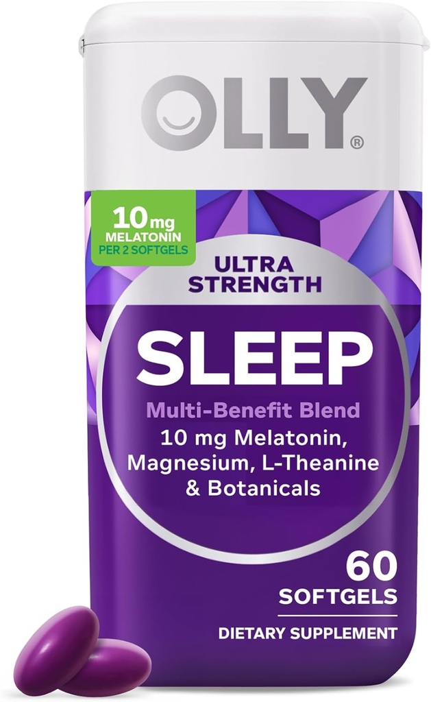 OLLY Ultra Strength Sleep Softgels, 10mg Μελατονίνη, L-Θεανίνη, Χαμομήλι, Μαγνήσιο, Λέμον Μπάλμα, Υποστηρίζει βαθύ ξεκούραστο ύπνο, Νυχτερινή Βοήθεια ύπνου, Μη Συνήθεια-Φόρμη - 60 Μέτρα