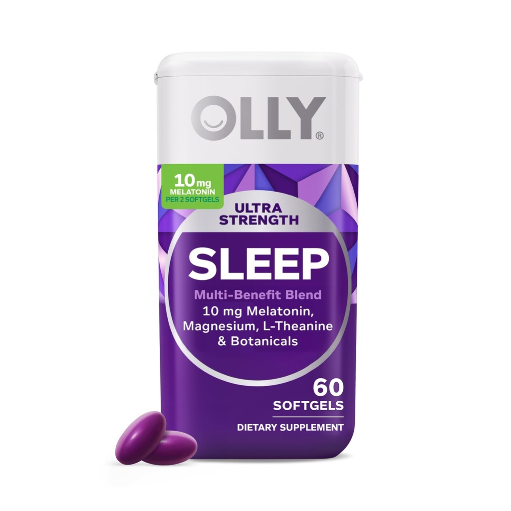 OLLY Ultra Strength Sleep Softgels, 10mg Μελατονίνη, L-Θεανίνη, Χαμομήλι, Μαγνήσιο, Λέμον Μπάλμα, Υποστηρίζει βαθύ ξεκούραστο ύπνο, Νυχτερινή Βοήθεια ύπνου, Μη Συνήθεια-Φόρμη - 60 Μέτρα