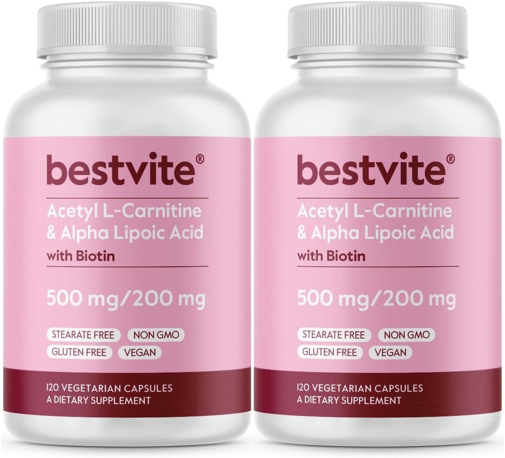 BESTVITE Acetyl L-Carnitine 500mg & Alpha Lipoic Acid 200mg per Capsule with Biotin (240 Vegetarian Capsules) (120 x 2) - No Stearates - Vegan - Non GMO - Gluten Free