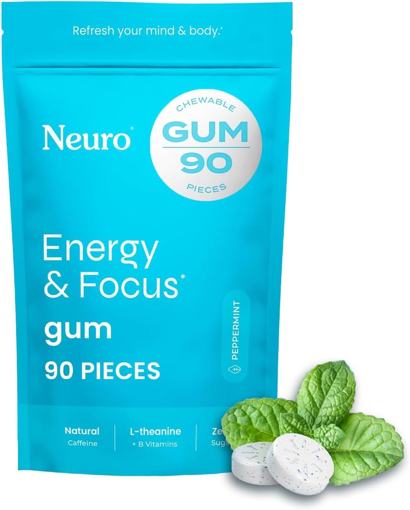 NeuroGum Energy & Focus Gum (90 Count Bag, Peppermint) 