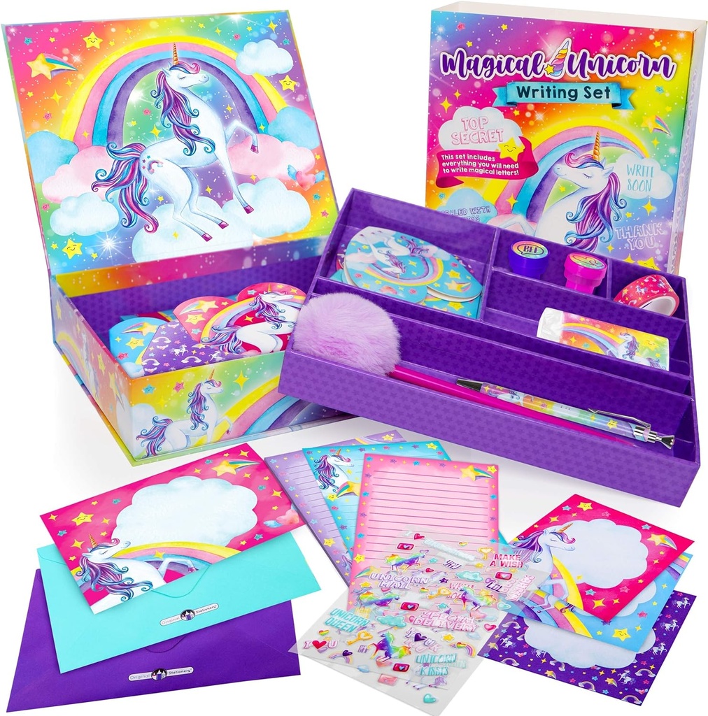 Original Stationery Unicorn Letter Kit - 45-Piece Multi-χρώμα χαρτί & αυτοκόλλητο σετ με μοβ κουτί αποθήκευσης - Χαρτικά & Γράμμα χαρτί για τα κορίτσια