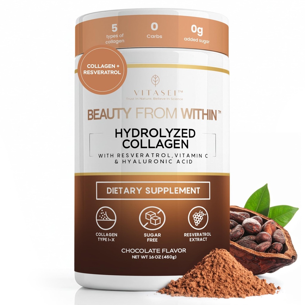 Hydrolyzed Collagen Peptides σε σκόνη με βιταμίνη C & ρεσβερατρόλη - Μαλλιά, δέρμα και νύχια Βιταμίνες για γυναίκες & άνδρες - Οστό και κοινή συμπλήρωμα - Σοκολάτα Γεύση - 16 oz