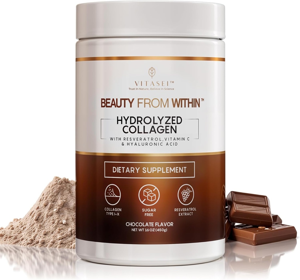 Hydrolyzed Collagen Peptides σε σκόνη με βιταμίνη C & ρεσβερατρόλη - Μαλλιά, δέρμα και νύχια Βιταμίνες για γυναίκες & άνδρες - Οστό και κοινή συμπλήρωμα - Σοκολάτα Γεύση - 16 oz