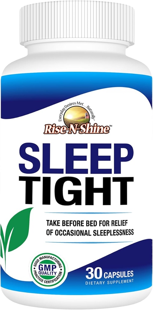 Rise-N-Shine Sleep Tight Supplement με 5 HTP, Μαγνήσιο, GABA και L-Θεανίνη - για γυναίκες και άνδρες - 30-Day Supply (30 κάψουλες)