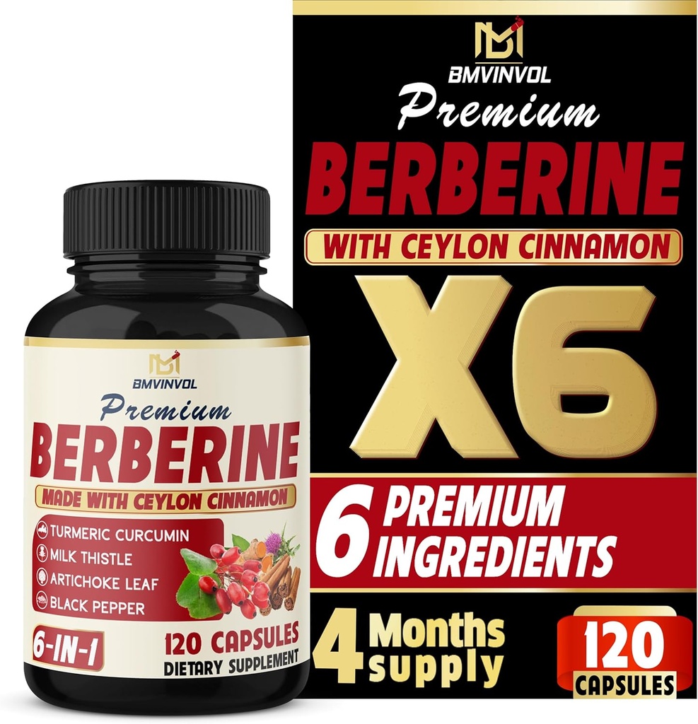 BMVINVOL 6in1 Berberine Supplement with Ceylon Cinnamon, Tumeric Root, Milk Thistle, Artichoke, Black Pepper -120 Κάψουλες για 4 μήνες προσφοράς