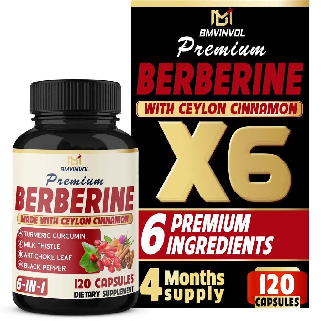 BMVINVOL 6in1 Berberine Supplement with Ceylon Cinnamon, Tumeric Root, Milk Thistle, Artichoke, Black Pepper -120 Capsules for 4 Month Supply