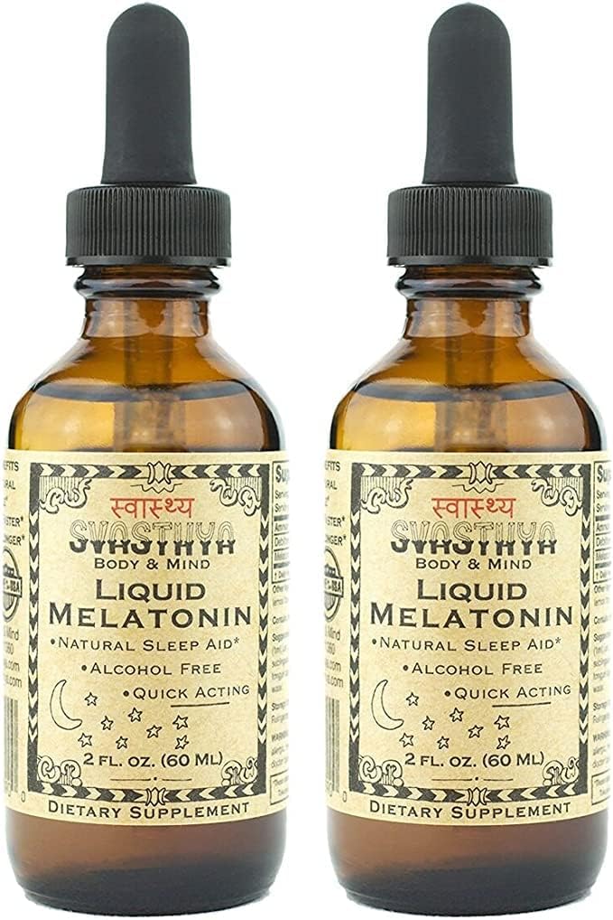 SVASTHYA BODY & MIND Υγρή μελατονίνη - Προάγει τον φυσικό ύπνο - Αλκοόλ Δωρεάν για ενήλικες και παιδιά, Made in The USA, 2 oz, Pack of 2