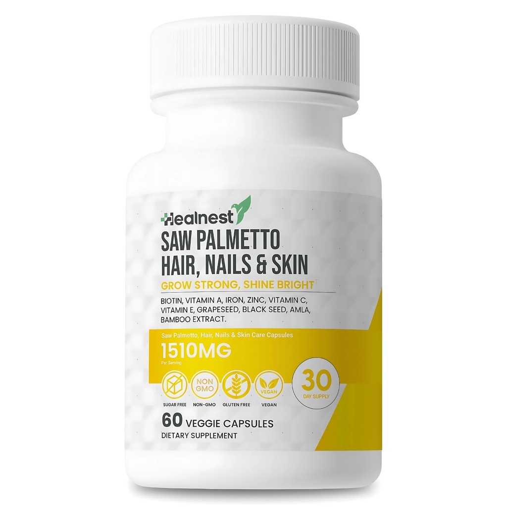Hair, Nails & Skin Care Supplement with Saw Palmetto, Biotin, Amla - 60 Non-GMO, Gluten Free, Veggie Capsules for Men and Women