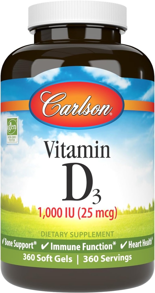 Carlson - Βιταμίνη D3, 1000 IU (25 mcg), Υγεία των οστών, Μυική Υγεία, Χοληκαλσιφερόλη, συμπληρώματα βιταμίνης D, Βιταμίνη D3 Μαλακά Gels, 360 Softgels