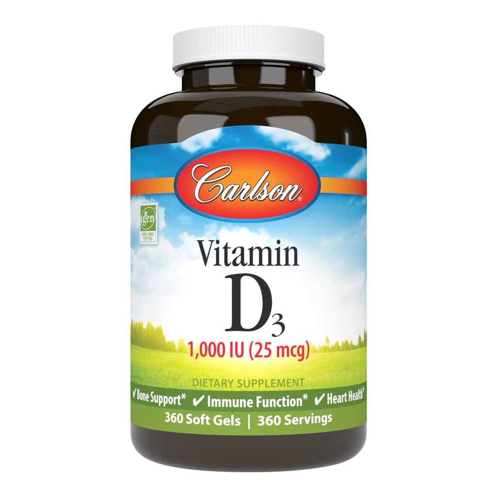 Carlson - Βιταμίνη D3, 1000 IU (25 mcg), Υγεία των οστών, Μυική Υγεία, Χοληκαλσιφερόλη, συμπληρώματα βιταμίνης D, Βιταμίνη D3 Μαλακά Gels, 360 Softgels