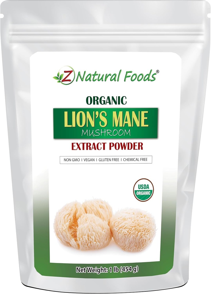 Z Natural Foods Organic Lion’s Mane Mushroom Extract Powder, Vitamin-Rich Superfood Powder, Ιδανικό για τσάι και smoothies, μη GMO, Vegan, Gluten-Free, Kosher, 1 lb.