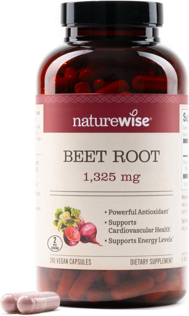 NatureWise Beet Root Capsules 1325mg με Βιολογικό Beetroot - Nitric Oxide Booster για την κυκλοφορία και την υποστήριξη της καρδιάς - Vegan, Gluten-free, Non-GMO - 240 Κάψουλες[120 Day Supply]