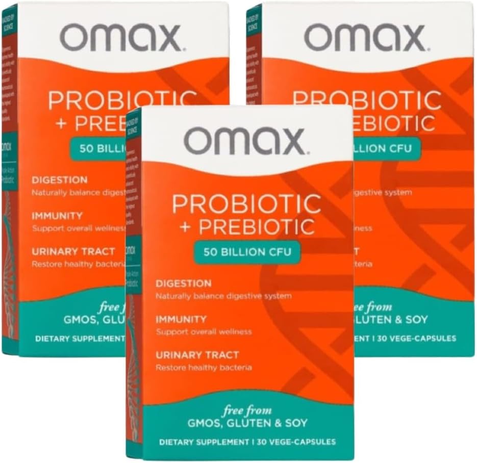 Omax3 Prebiotic & Probiotic 50 Billion CFU + Chicory Inulin, 10 Strain, Reduce Bloating, Digestion, SIBO, Leaky Gut, Κολπικό pH, Acidophilus, Vegan, Γαλακτοκομικά, Χωρίς γλουτένη, Blister Συσκευασία (2 Συσκευασία)