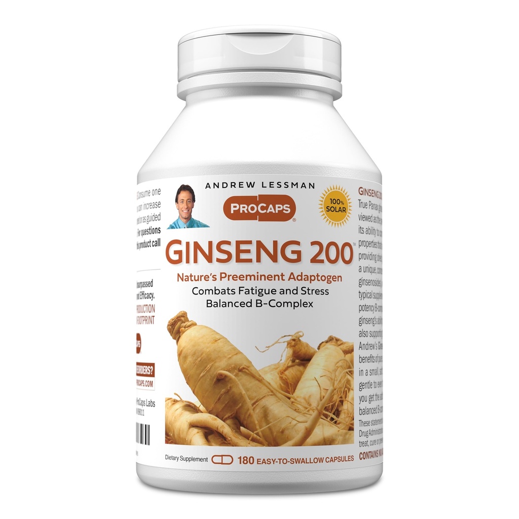ANDREW LESSMAN Ginseng 200mg - 180 κάψουλες - Τυποποιημένο εκχύλισμα για την υποστήριξη της ευεξίας. Adaptogen, καταπολεμά την κόπωση και το άγχος. Απαλές, μικρές, εύκολες κάψουλες. Χωρίς πρόσθετα