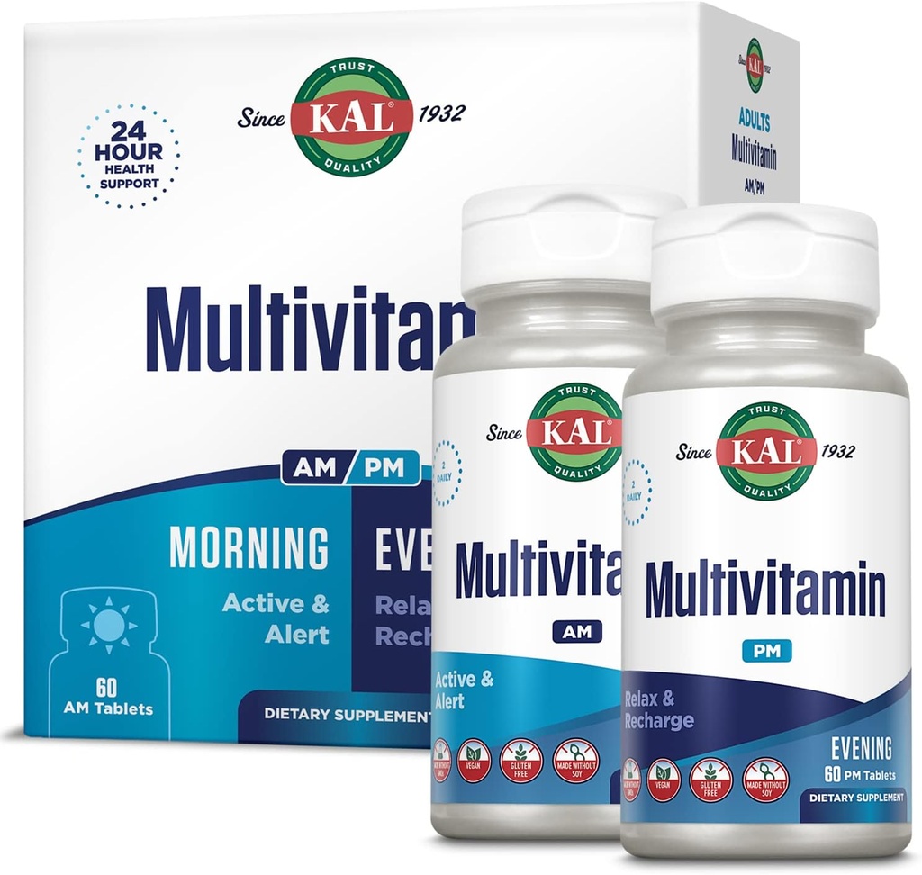 KAL Multivitamin AM/PM, 2-σε-1 Γυναικεία και Mens Multivitamins Συμπληρώματα, Turmeric, Tart Cherry, Organic Matcha και Spirulina για ανοσοποιητική και κυτταρική υποστήριξη, χωρίς γλουτένη, 30 Σερβιέτες, 120 δισκία