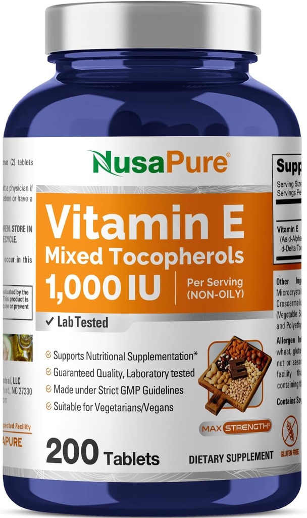 NusaPure Vitamin E 1000 IU 200 δισκία (Non- GMO, Χωρίς γλουτένη) - Μεικτές τοκοφερόλες