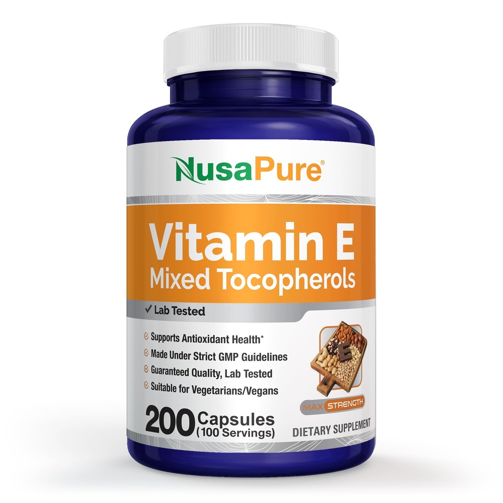 NusaPure Vitamin E Mixed Tocopherols – Vegetarian/Vegan, Non-GMO – 200 Capsules