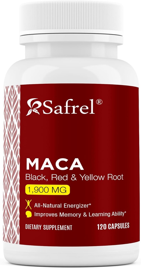 Safrel Organic Maca Root Black, Red, Yellow 1900 MG per Serving - 120 Vegan Κάψουλες Περουβιανή Maca Root Gelatinized 100% Καθαρή Μη-ΓΤΟ Υποστηρίζει Αναπαραγωγική Υγεία Φυσικός Ενεργοποιητής