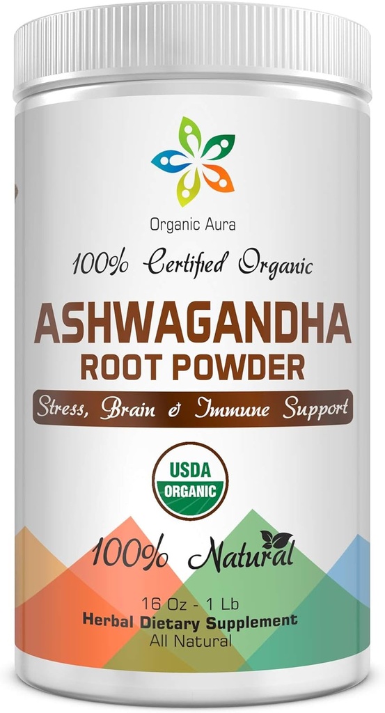 Certified Organic Ashwagandha Root Powder 16Oz -1Lb. Natural Stress, Brain and Immune Support. Enhances Overall Health. Raw Superfood. 100% Natural Herbal