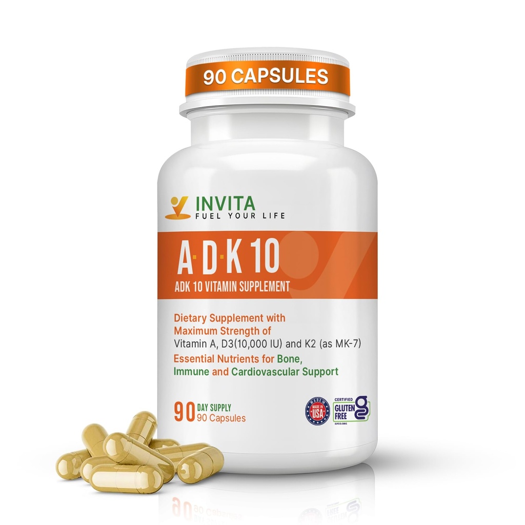 INVITA, ADK συμπλήρωμα βιταμίνης (10.000 IU) – ADK 10 διπλής αντοχής βιταμίνη Α1, D3 & K2-MK7 – Φυσικός που διαμορφώνεται για την υποστήριξη των οστών, της καρδιάς και του ανοσοποιητικού – Μη-ΓΤΟ, Χωρίς γλουτένη, 90 κάψουλες (3 Μήνας)