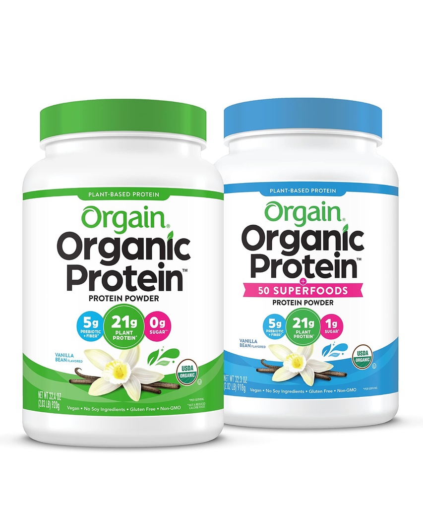 Orgain Organic Vegan & Organic Protein + Superfoods Σκόνες, Vanilla Bean Flavors - Πρωτεΐνη με βάση το φυτό, Χωρίς γλουτένη