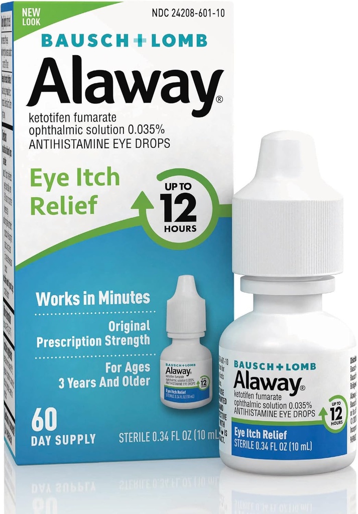 Alaway Antiistamine Οφθαλμικές σταγόνες για Ichy Eyes, Fast-Active, έως 12-Hour Eye Itch Relief, Clinically Tested Prescription-Stength Formula, 0,34 Fl Oz