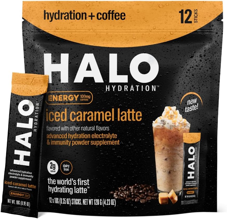 HALO Iced Caramel Latte - Energy Drink Powder – Healthy Coffee Mix for Hydration with Electrolytes, Caffeine, Vitamins and Minerals - 20 θερμίδες - Κέτο και χαμηλή θερμίδα - 1 x 12 Sticks