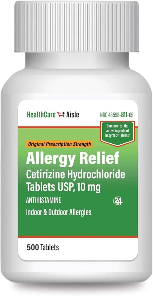 HealthCareAisle Allergy Relief - Cetirizine Hydrochloride Tablets USP, 10 mg - 500 Tablets - Original Prescription Strength Allergy Medication, 24- Hour Relief