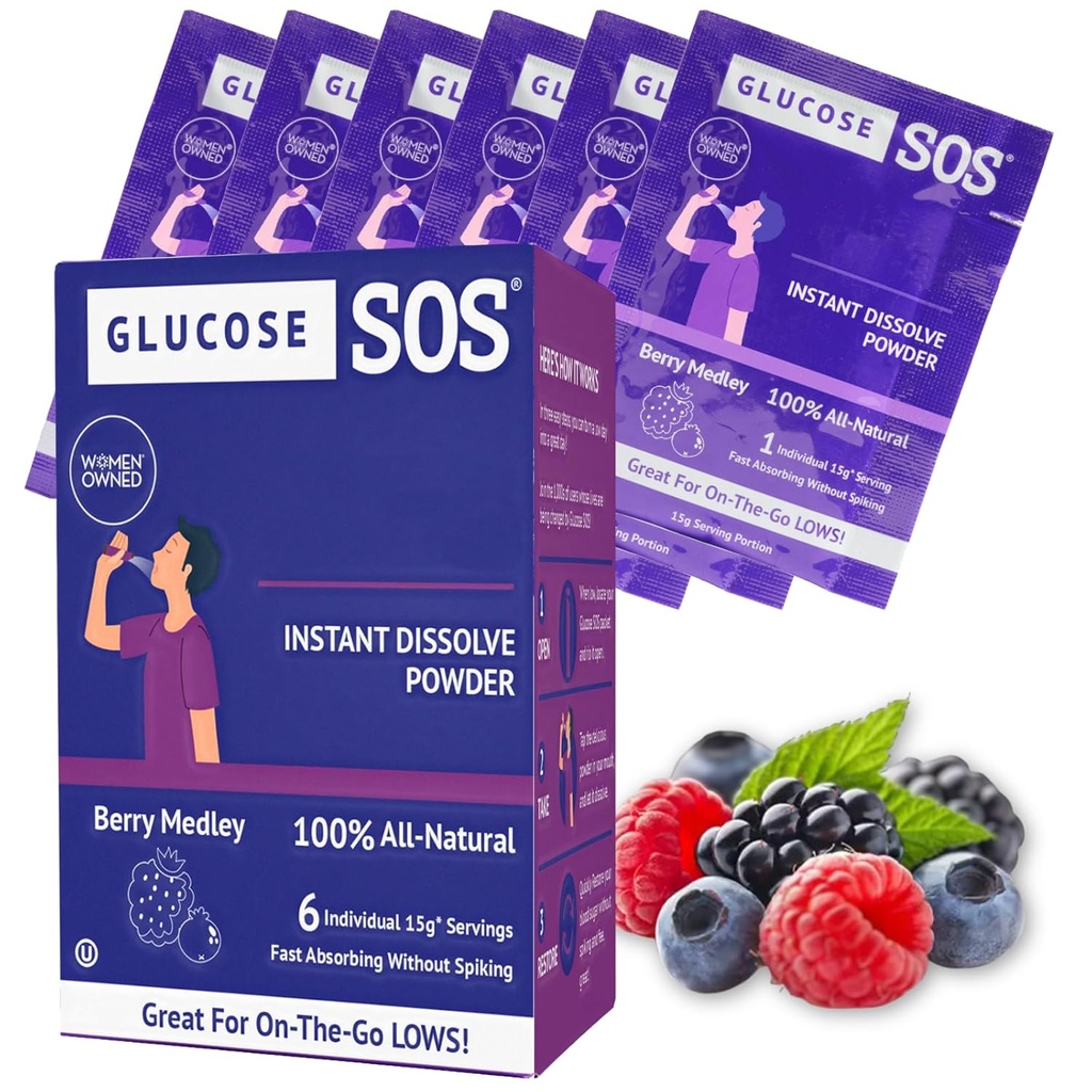 Glucose SOS Glucose Berry Medley Glucose Powder, Natural Dextrose Packets, Fast-Absorption, Instantly Dissolves, No Water Needed, 6 Sachets per Box