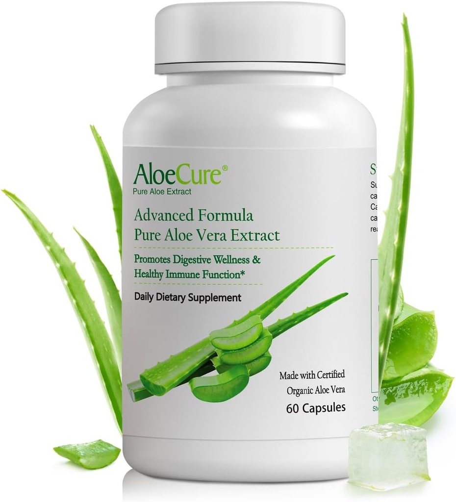 AloeCure Βιολογικές κάψουλες αλόης Vera, 130.000mg Εσωτερικό φύλλο αλόης Εξοπλισμένο ανά υπηρεσία, Υποστηρίξτε την Υγεία & Πεπτικό Άνεση, Στομάχι οξύ Buffer, Φυσικό συμπλήρωμα ανοσοποίησης, Αλόη Δωρεάν, 60 κάψουλες
