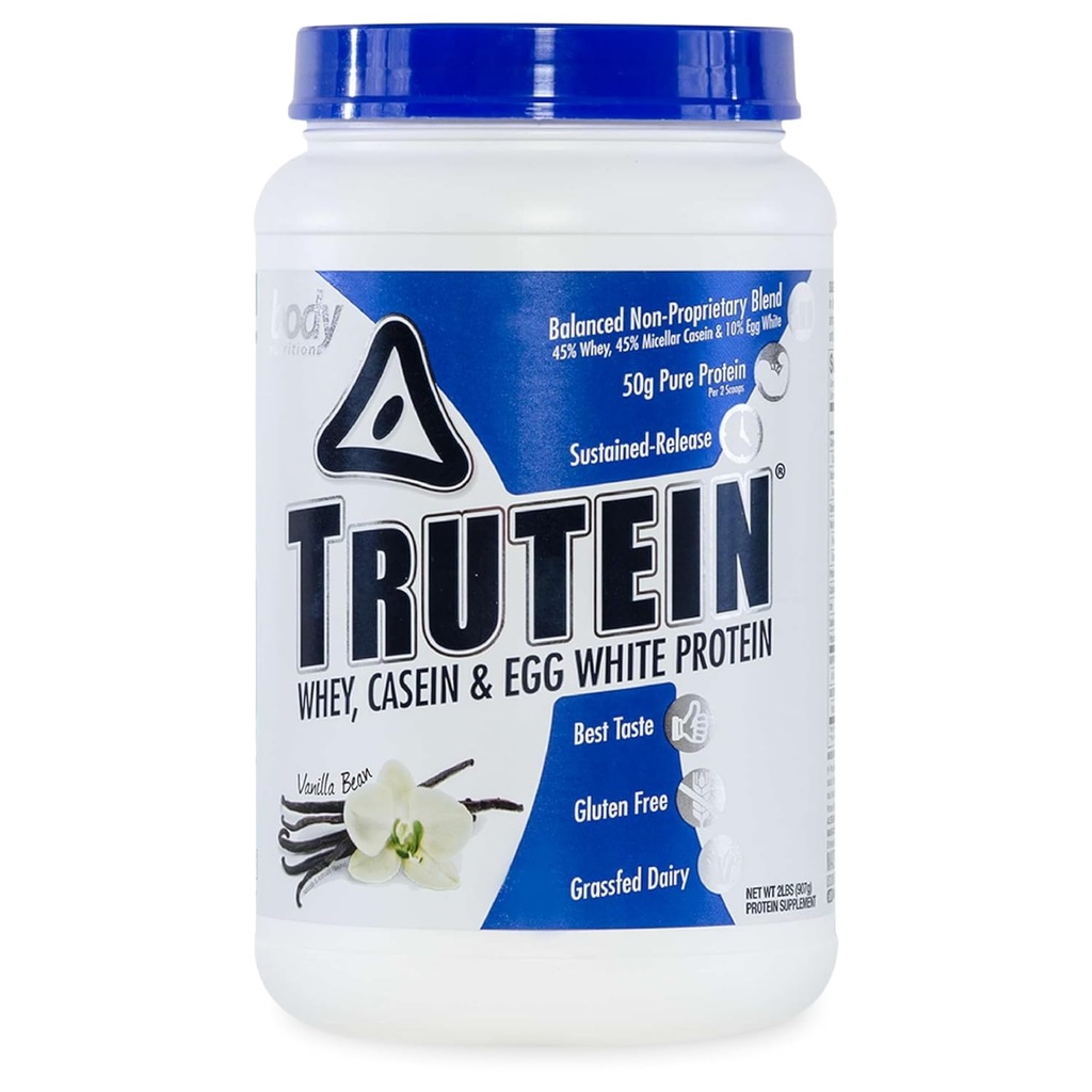 Διατροφή σώματος Trutein υψηλής πρωτεΐνης σκόνη: 45% Whey, 45% καζεΐνη, 10% αυγολευκή πρωτεΐνη ανακάτεμα, χωρίς γλουτένη, χαμηλό νάτριο, χαμηλή πρωτεΐνη υδατανθράκων συμπλήρωμα σκόνη για άνδρες & γυναίκες, Vanilla Bean, 2lb