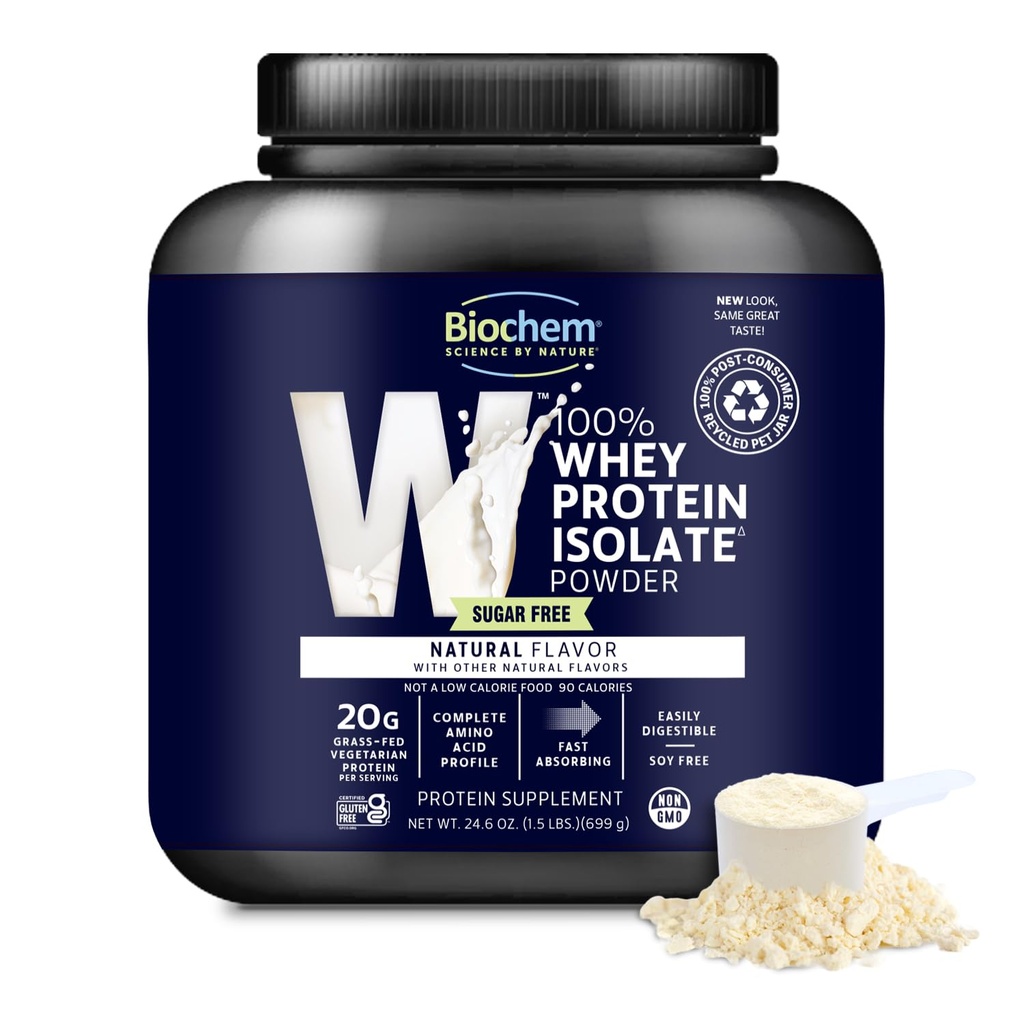 Biochem 100% Whey Isolate Protein Powder - Grass Fed, Low Carb, Keto-Friendly, Non-GMO, Gluten-free - Υποστηρίζει την ανοσοποιητική υγεία & την αποκατάσταση των μυών 20g Χορτοφαγική πρωτεΐνη ανά υπηρεσία - Φυσική γεύση, 1,5lb