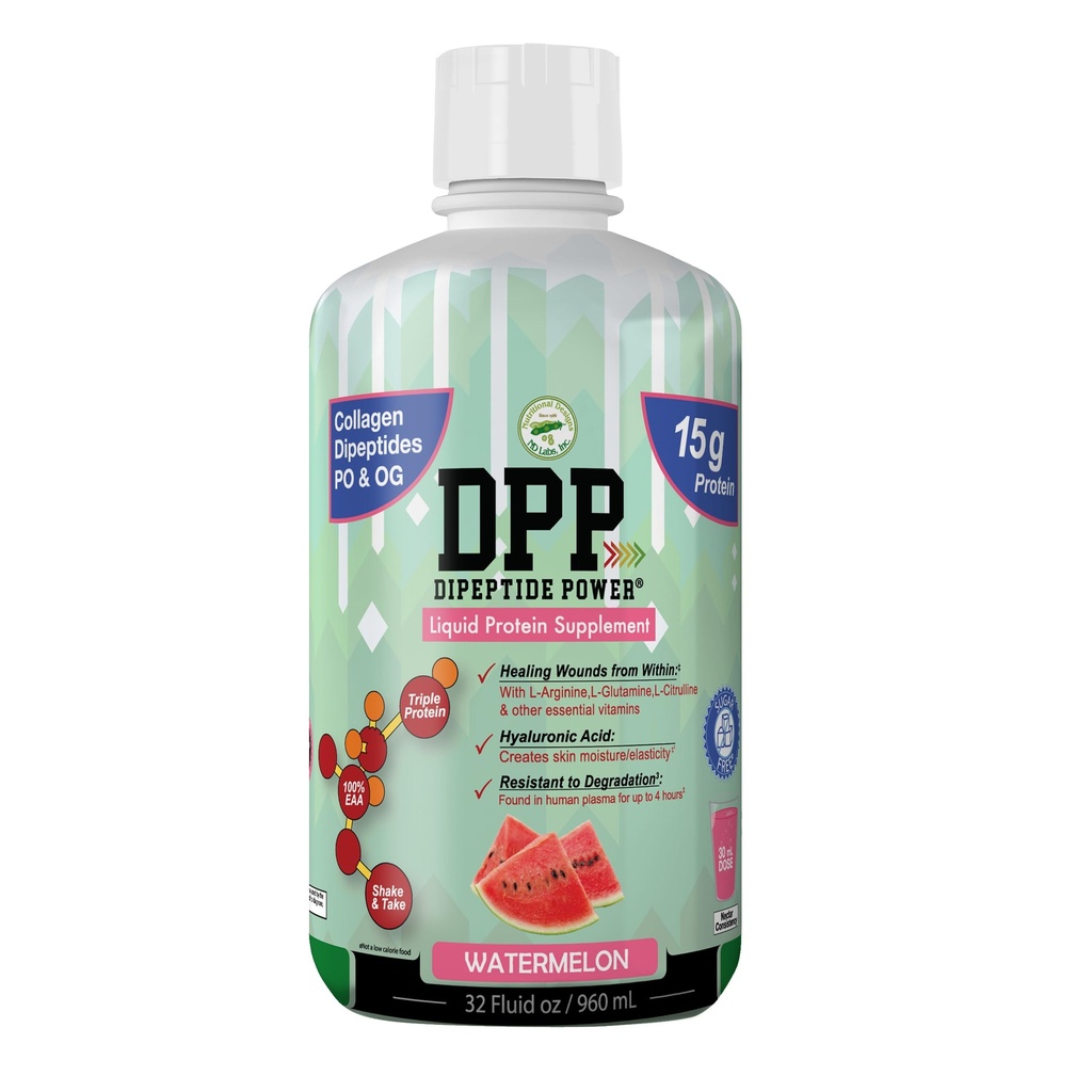 Nutritional Designs DPP Dipeptide, Wound-Healing Liquid Collagen & Whey Protein Supplement, Sugar-Free, Promotes Healthy Skin & Hair for Men & Women (Watermelon, Bottle, 32 Fl Oz)