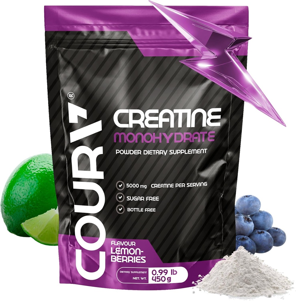 COURA Creatine Monohydrate Lemon-Berries Flavor - 450g - Αθλητικό συμπλήρωμα - Δύναμη και αντοχή - Ιδανικό για εντατικές προπονήσεις - Χωρίς γλουτένη - Χωρίς μπουκάλι