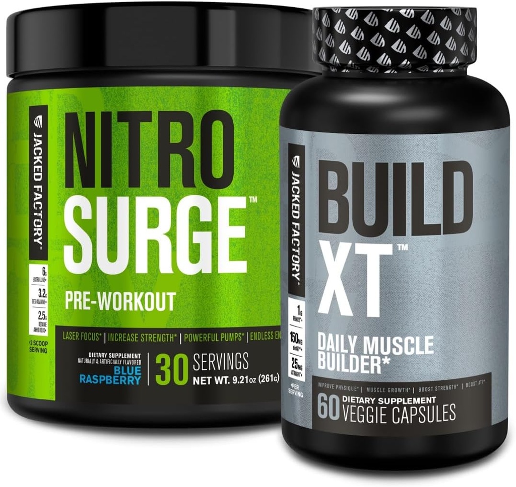 Jacked Εργοστάσιο Nitrosurge προ-εξάσκηση σε Blue Raspberry & Build XT μυϊκή Building Bundle για άνδρες & γυναίκες