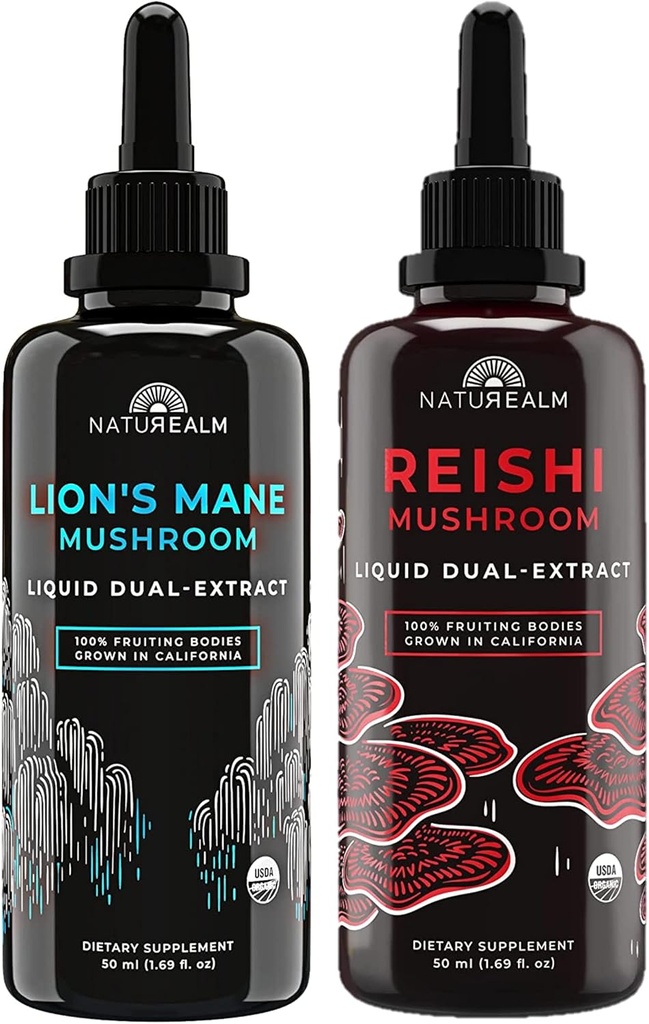 Naturealm Reishi & Lion’s Mane Mushroom Extract - Στοίβα προσαρμογόνου για εστίαση, ανοσία, μακροζωία, υγεία των ούλων, αντι-γήρανση, ενέργεια & περισσότερα - οργανικές σταγόνες υγρού - 50 mL κάθε (2 πακέτο)