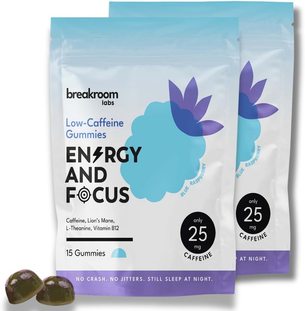 Breakroom Labs Energy and Focus Gummies – Χαμηλή καφεΐνη 25mg w/L-Theanine, Lions Mane, Βιταμίνη B12 – Nootropic Brain Supplement for Adults, Kids - Vegan, Low Sugar, Blue Raspberry Flavor, 30 Servings