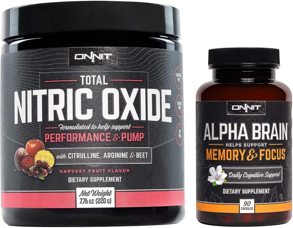 ONNIT Nootropic + Preworkout Stack - Alpha Brain (90ct) + Total Nitric Oxide (Harvest Fruit)