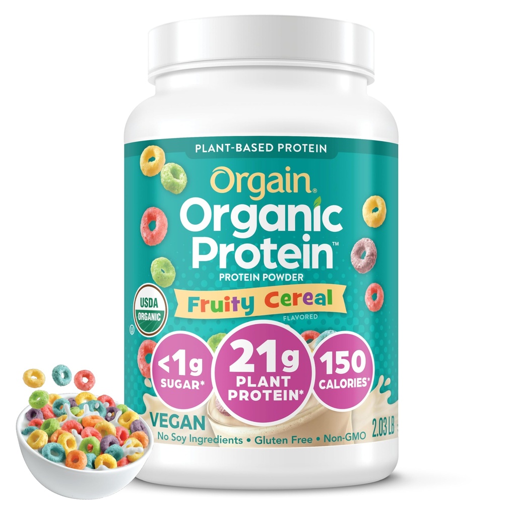 Orgain Organic Vegan Protein Powder, Fruity Cereal - 21g Πρωτεΐνη με βάση τα φυτά, 8g Προβιοτικές Ίνες, Χαμηλό Καθαρό Καρβίδιο, Χωρίς Συστατικά Λακτόζης, Χωρίς Προστιθέμενη Ζάχαρη, Μη-ΓΤΟ, Για Ανακινήσεις & Smoothies, 2,03 lb
