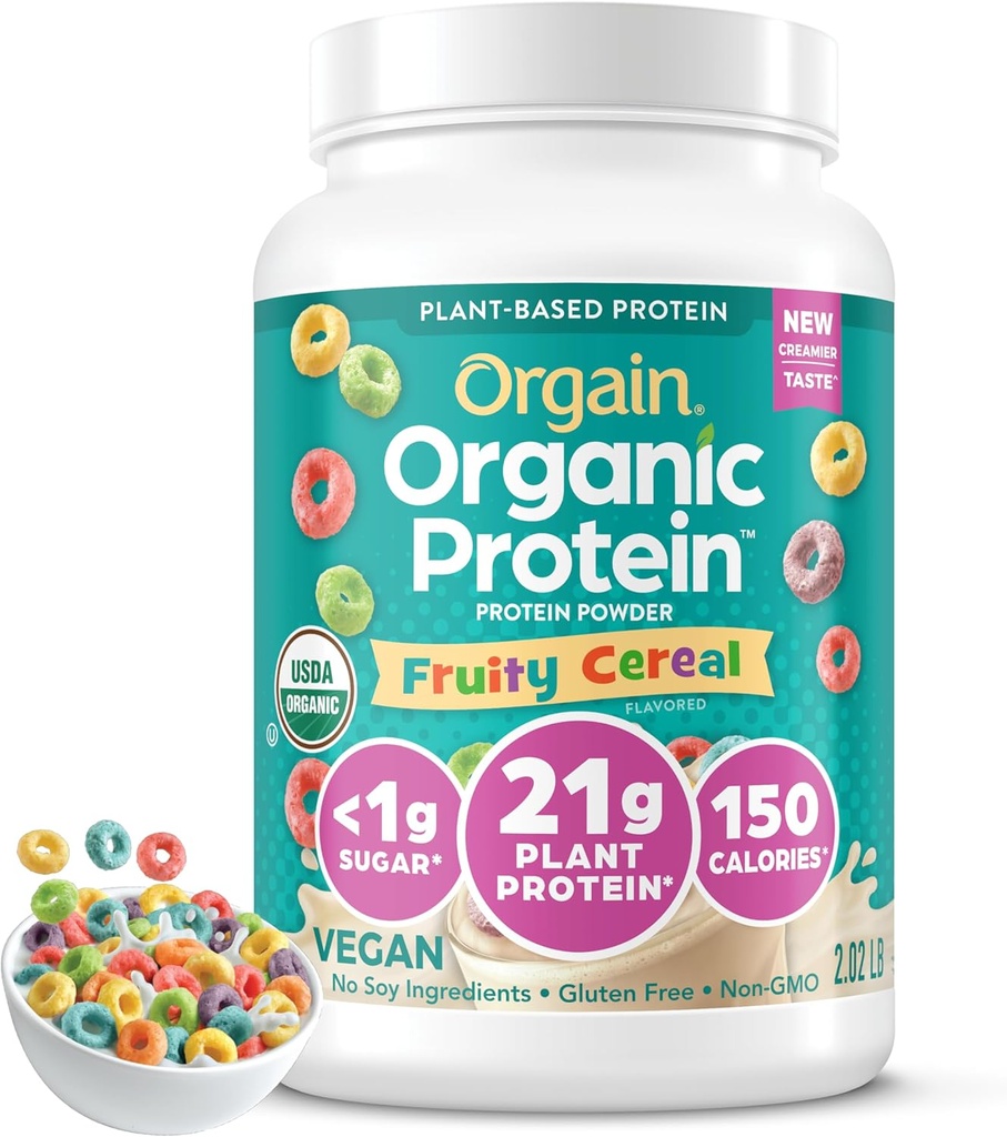 Orgain Organic Vegan Protein Powder, Fruity Cereal - 21g Plant Based Protein, 8g Prebiotic Fiber, Low Net Carb, No Lactose Ingredients, No Added Sugar, Non-GMO, For Shakes & Smoothies, 2.03 lb