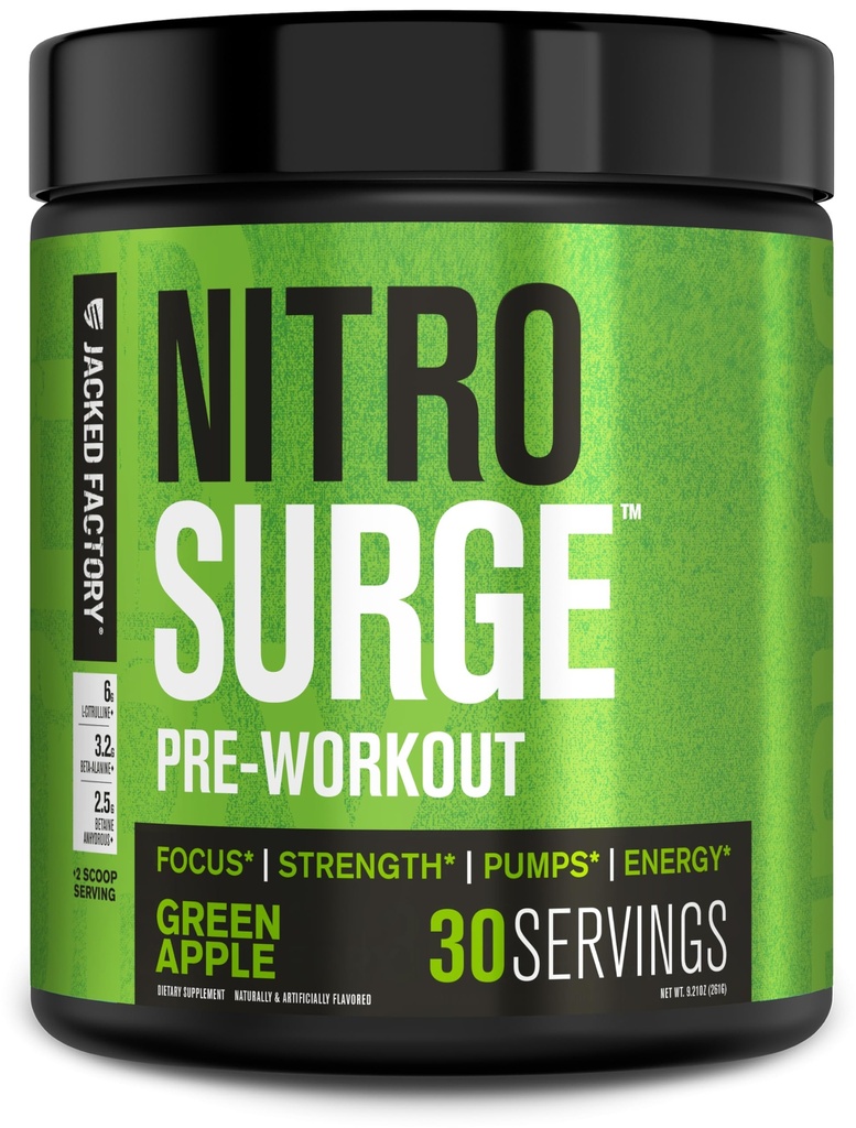 Jacked Factory NITROSURGE Pre Workout Supplement - Endless Energy, Instant Strength Gains, Clear Focus, Intense Pumps - NO Booster & Powerful Preworkout Energy Powder - 30 Servings, Green Apple