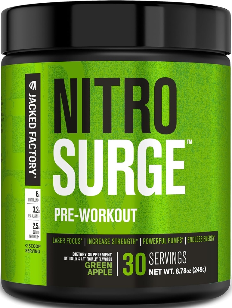 Jacked Factory NITROSURGE Preworkout Supplement - Ατελείωτη ενέργεια, στιγμιαία κέρδη δύναμη, σαφή εστίαση, Έντονες αντλίες - ΟΧΙ Booster & Ισχυρή Preworkout Energy Powder - 30 εξυπηρετούν, Πράσινη Apple