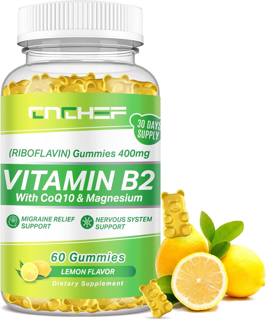 Βιταμίνη B2 Gummies για ενήλικες & παιδιά - Riboflavin 400mg συμπλήρωμα με μαγνήσιο γλυκινικό & CoQ10, υποστήριξη ημικρανία ανακούφιση & νευρικό σύστημα, ενίσχυση της ενέργειας, ζάχαρη χωρίς Vegan B2 Gummies άρωμα λεμόνι