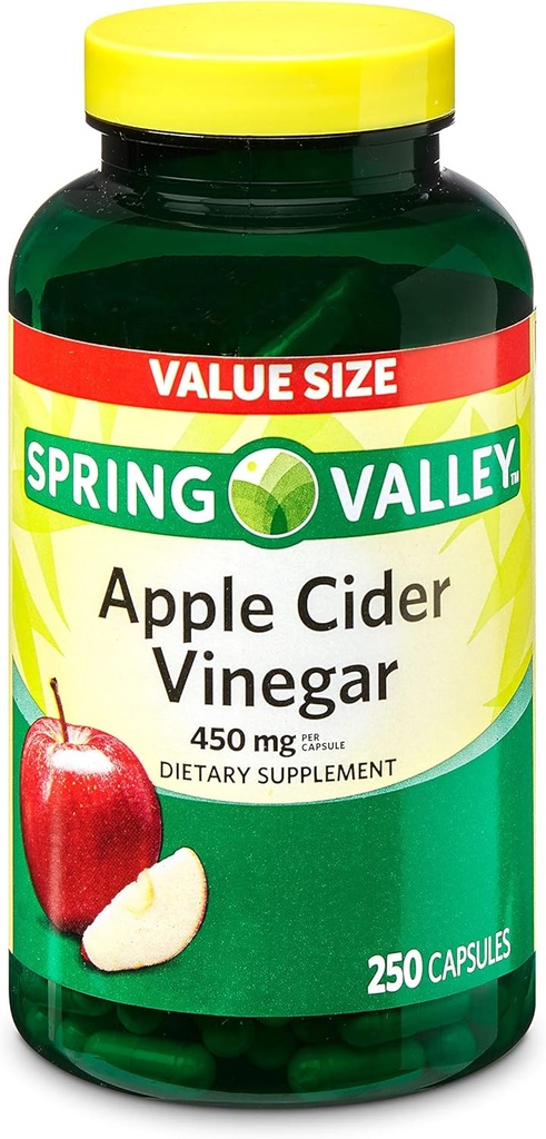 Apple Cider Vinegar, 450mg, 250 Capsules Value Size | Dietary Supplement | Gluten-Free, Sugar Free, Lactose Free | Apple Cider Vinegar by Spring Valley