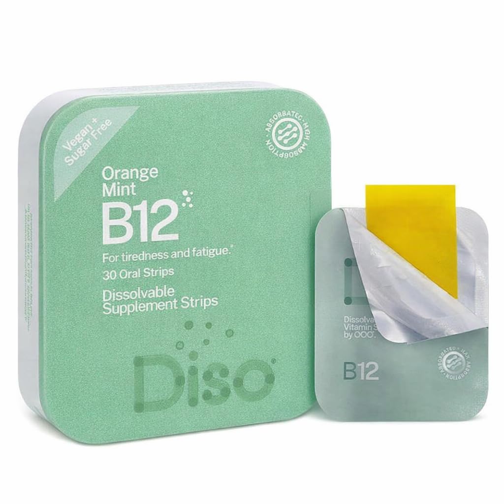 DISO - Βιταμίνη B12 - Γρήγορες Στοματικές Λωρίδες Διάλυσης, για Κουρασμού και Κόπωσης, Γεύση Πορτοκαλιού, Βέγκαν, Χωρίς Ζάχαρη, Μέγιστη Απορρόφηση, Χωρίς Γλουτένη, Μεμονωμένα, 30 Διαλυτές Λωρίδες