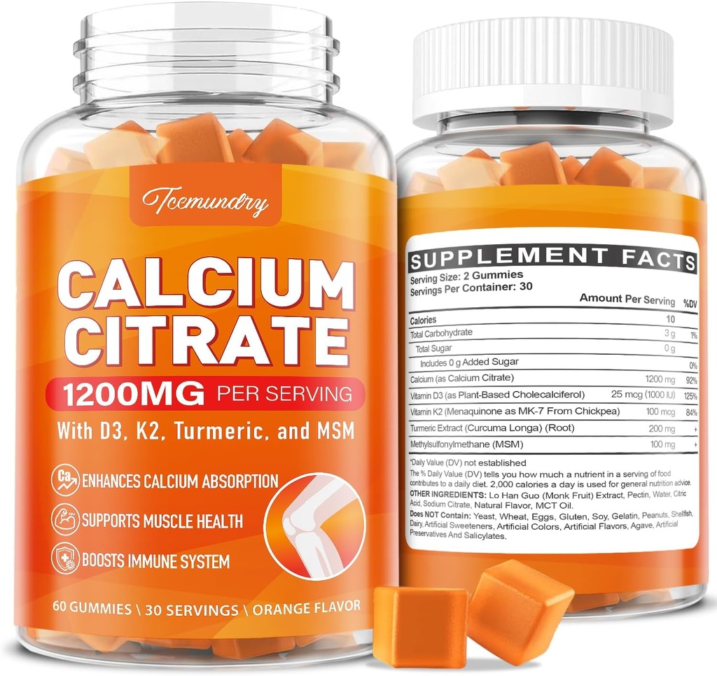 Ασβέστιο 1200 mg με Βιταμίνη D3 Συμπληρώματα Gummies για Ενήλικες: Ultimate Απορρόφηση Ασβέστιο Κιτρικό με Βιταμίνη D3 K2, Turmeric Extract, MSM για Γυναίκες Άνδρες