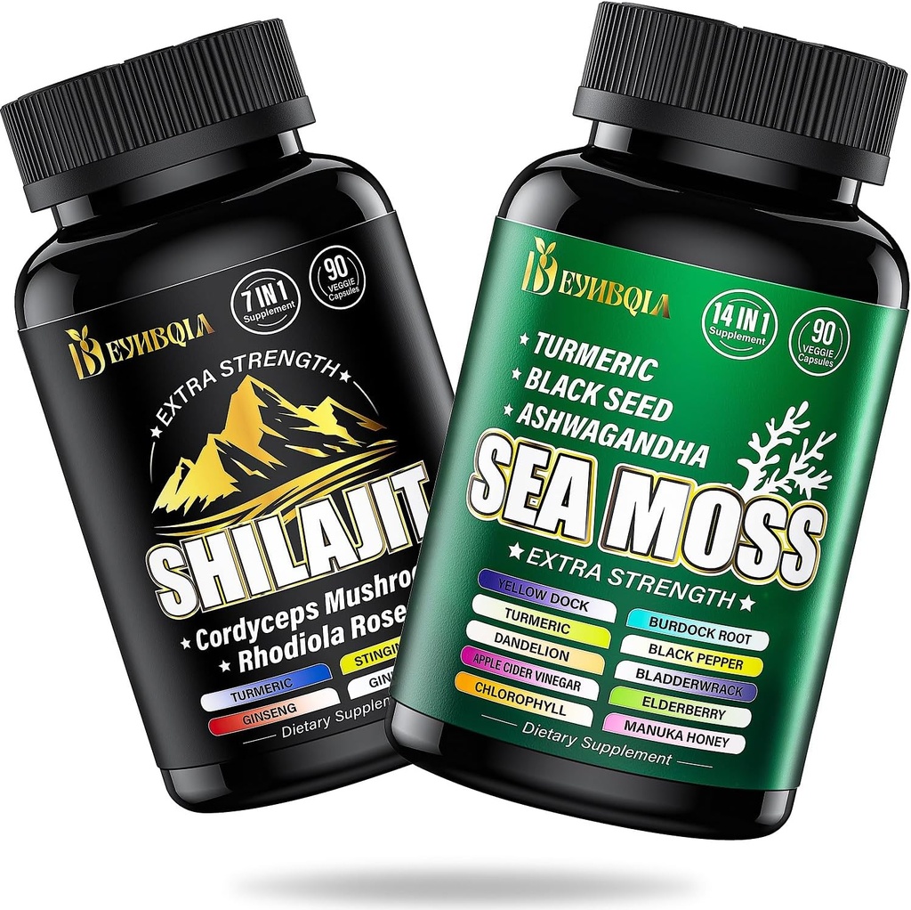 Sea Moss and shilajit Bundle - 90AD Count - Sea Moss, Black Seed Oil, Ashwagandha, Turmeric & Shilajit, Rhodiola Rosea, Burdock, Bladderwrack 21 σε 1 Συμπληρώματα (2 συσκευασίες)