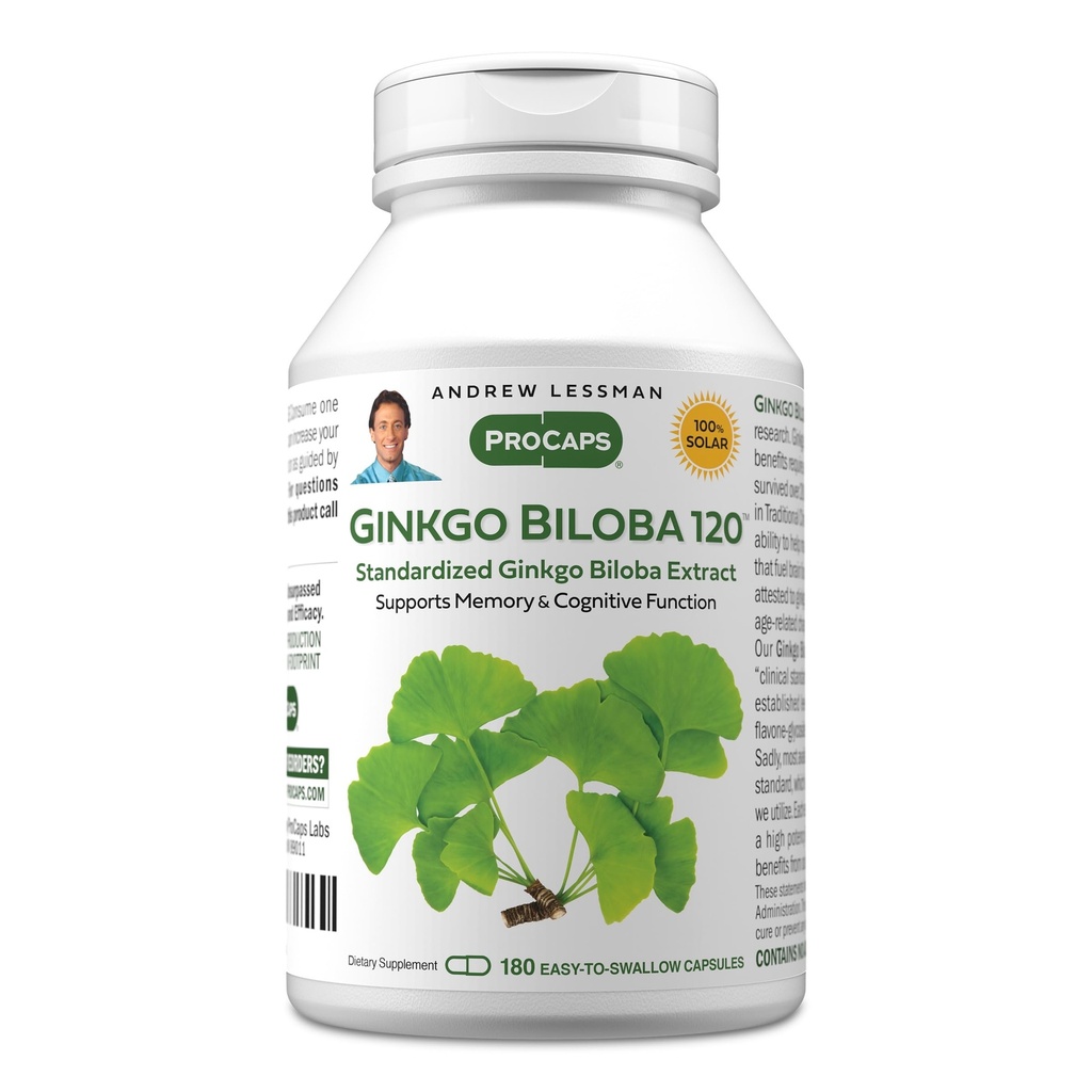 ANDREW LESSMAN Ginkgo Biloba 120mg - 180 Capsules - Standardized Extract to Maintain Flow of Oxygen and Nutrients to Fuel The Brain. Supports Brain, Memory and Cognitive Function. No Additives